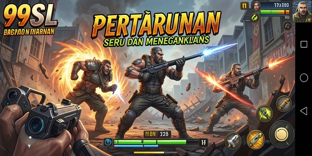 Gameplay menegangkan 99SL dengan karakter dan arena bertarung.