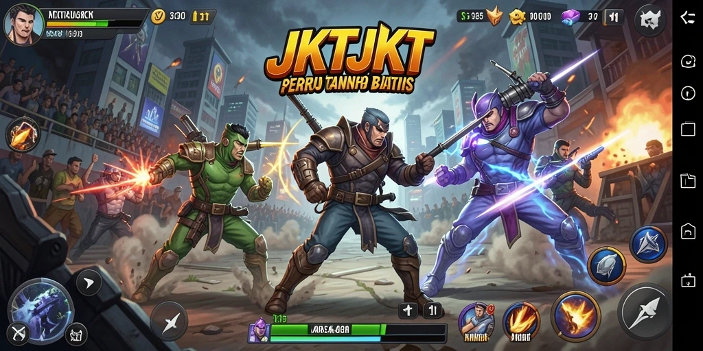 Screenshot gameplay JKTJKT menunjukkan pertarungan seru antar karakter.