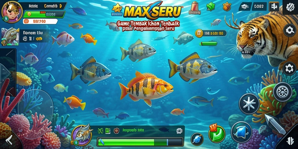 Tangkapan layar menunjukkan gameplay seru MAXSERU saat menembak ikan.